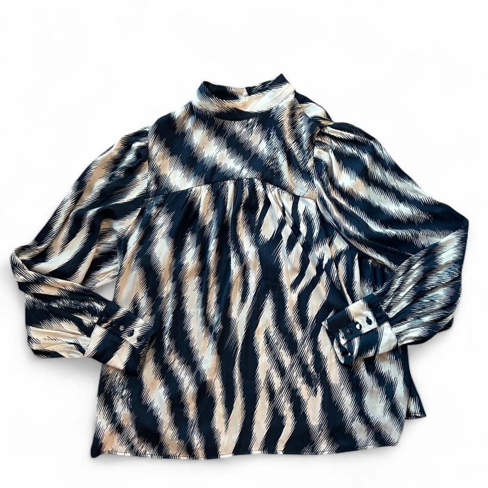 Maison D'Amelie Satin High-Neck Zebra Print Blouse - Navy & Cream